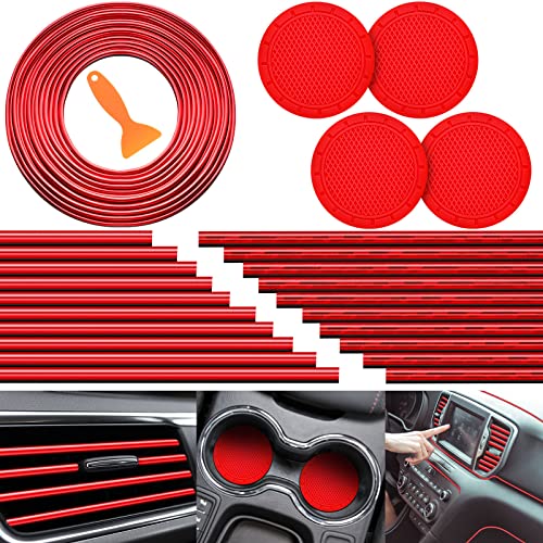 Frienda 25 Pack Car Accessories Set 20pcs Vent Trim Strips 16 Feet Car Interior Molding Trim Vent Accessories with Installation Tool 4 Pcs Cup Mats Car Decorations for Men Women(Red)