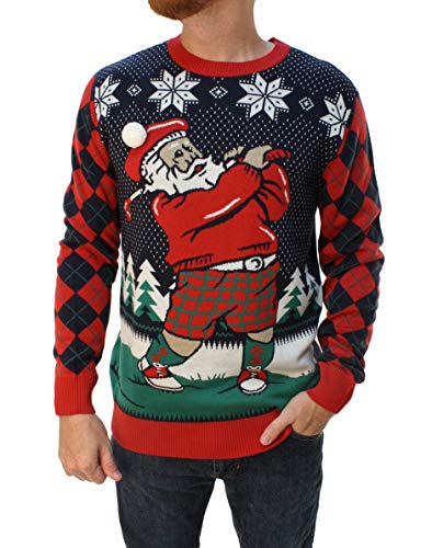 The Ugly Sweater Co. Mens Sports Golf Sports Ugly Christmas Sweater for Holiday Fun Design, Snug Fit Breathable Crewneck (Twilight Golfing Santa, Small)