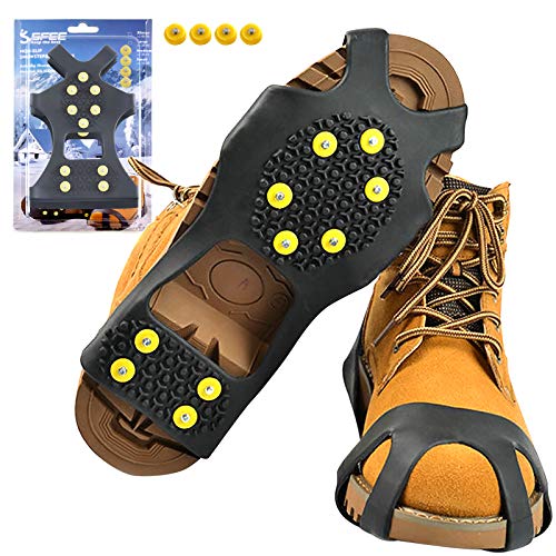Sfee Ice Cleats for Boots Shoes, Snow Grips Cleats for Ice and Snow Anti-Slip Rubber Traction Cleats for Walking on Snow and Ice 10 Steel Studs Crampons for Hiking, Walking, Climbing, Jogging