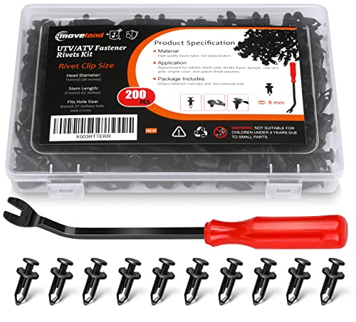 moveland 200PCS 8mm UTV ATV Fender Push Clips with Fastener Removal Tool, Nylon Body Rivets Fasteners Clips Compatible with Polaris Ranger RZR Can Am Kawasaki Teryx Honda Suzuki Sportsman