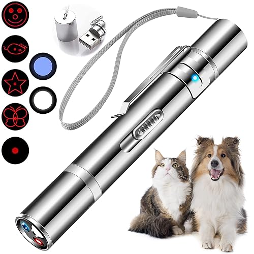 Cowjag Cat Toys, Laser Pointer with 5 Adjustable Patterns, USB Recharge Laser, Long Range and 3 Modes Training Chaser Interactive Toy, Dog Laser Toy