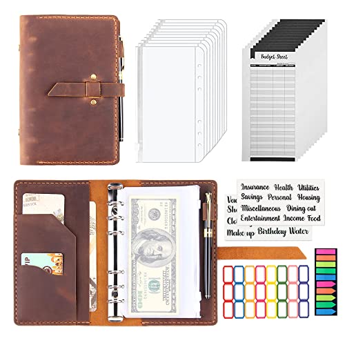 Leather Binder Budget with Cash Envelopes, Handmade Leather A6 Binder for Money Saving Planner, Cash Envelopes for Budgeting, Money Organizer for Cash - Brown