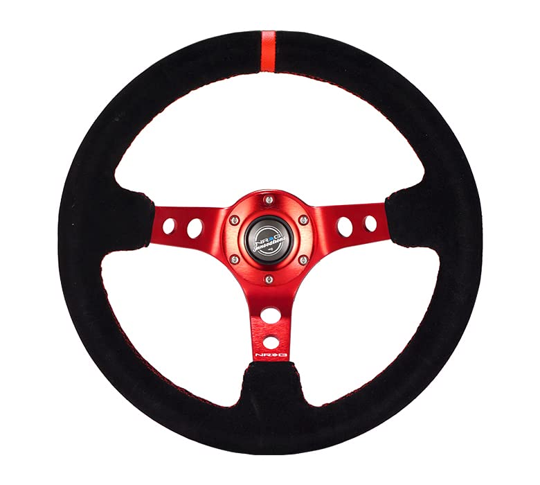 NRG Innovations NRG-RST-006S-RD Reinforced Steering Wheel - 350mm Sport Steering Wheel (3' Deep) - Red Spoke with Round Holes, Black Leather, Red Stitching/Center Mark