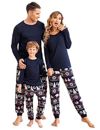 Ekouaer Christmas Pajamas Set Mens Soft Cotton Loungewear Family Matching Set Comfy Drawstring Pjs Nightwear (Navy and Polar Bear,M)
