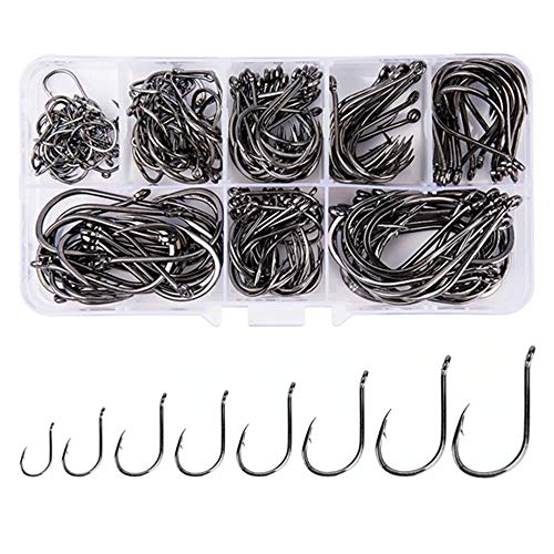 FCFKUK 240pcs/box Large Size Premium Fishhooks, 8 Sizes Strong Custom Offset Sport Black High Carbon Steel Barbs Fishing Hooks