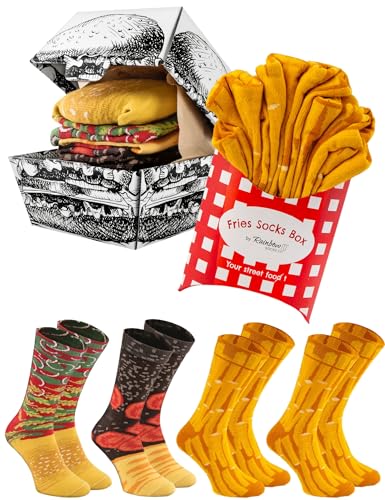 Rainbow Socks - Men Women Funny Meal Socks Box - 4 Pairs - Burger Fries - Size US 9.5-13