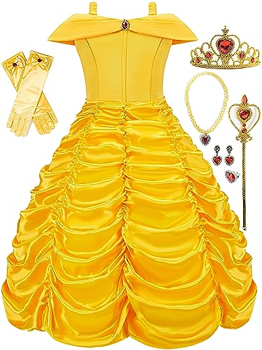 Funna Belle Costume for Girls Princess Dress Layered Off Shoulder Dress Up with Accessories Yellow, 5T