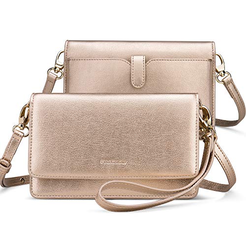 nuoku Women Small Crossbody Bag Cellphone Purse Wallet with RFID Card Slots 2 Strap Wristle, Gold