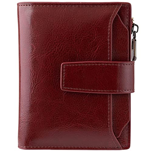 Bveyzi Women's Small Leather RFID Blocking Bifold Zipper Pocket Wallet Ladies Credit Card Slots Purse with id Window(Wine Red)