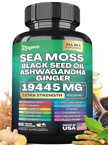 Zoyava Sea Moss 7000mg Black Seed Oil 4000mg Ashwagandha 2000mg Turmeric Bladderwrack 2000mg Burdock 2000mg & Ginger Vitamin C Vitamin D3 with Elderberry Manuka Dandelion Yellow Dock Chlorophyll ACV