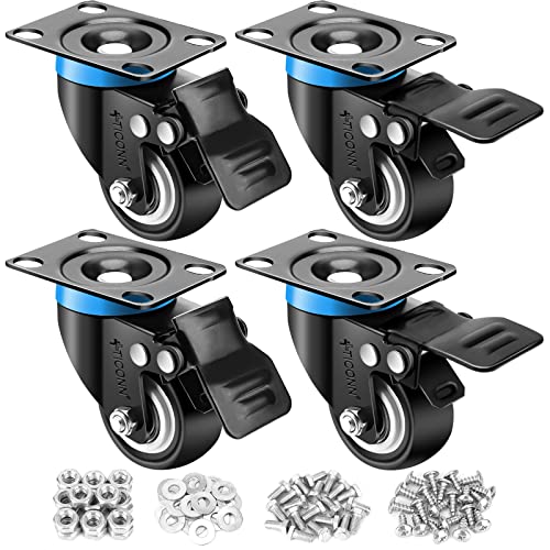 TICONN 2'' Swivel Caster Wheels Set of 4, with 4 Safety Brakes, Poly No Noise Non-Marking, Heavy Duty Plate Casters