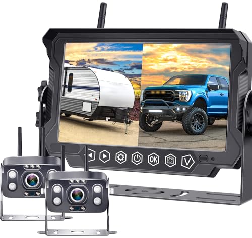 RV Trailer Backup Camera Wireless 2-Cameras: Easy Setup Plug and Play for Furrion Pre-Wired System Recording 7' Touch Key Monitor HD 1080P Truck Camper Fifth Wheel Rear View Cam 4-Channel DoHonest V23