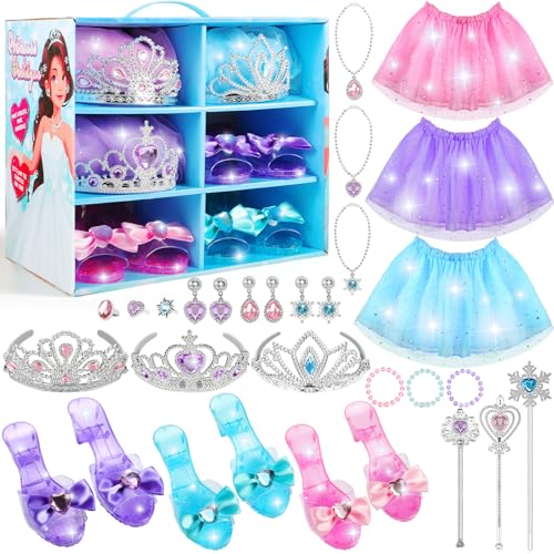 Winjess Princess Dress Up Toy Set Little Girls Role Play Pretend Jewelry Toys with 3 Sets of Skirts Shoes Crowns Princess Accessories Kit for Toddler Kids Birthday Party