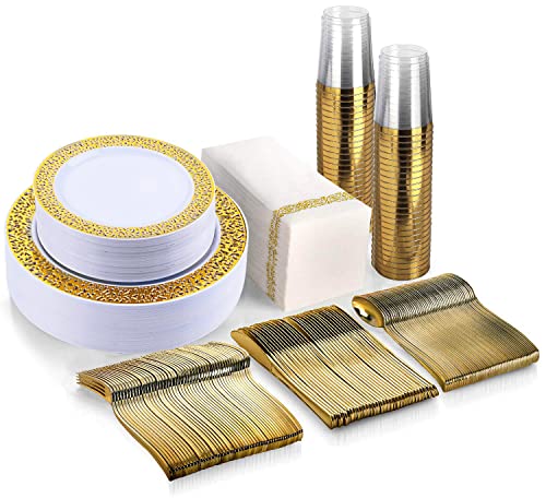 BAYZZ 350 Piece Gold Dinnerware Set,50 Guest Gold Lace Design Plastic Plates,50 Gold Plastic Silverware,50 Gold Cups,50 Gold Napkins,50 Guest Disposable Gold Dinnerware Set