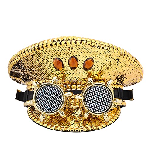COSDREAMER Women's Burning Man Sequin Hat Festival Military Captain Hats with Goggles (Gold)