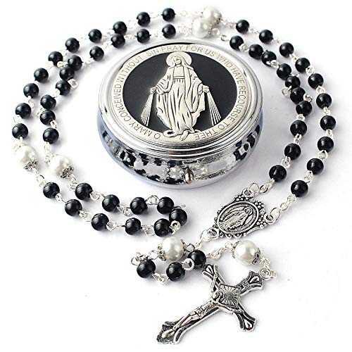 HanlinCC 6mm Glass Pearl Beads with 8mm Our Father Beads with Caps Rosary Pack in Miraculous Metal Gift Box (Black Rosary with Miraculous Gift Box)