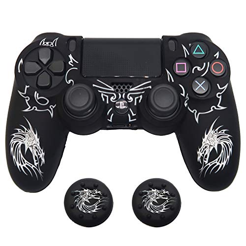Controller Skin for PS4, BRHE Anti-Slip Grip Silicone Cover Protector Case Compatible with PS4 Slim/PS4 Pro Wireless/Wired Gamepad Controller with 2 Dragon Carving Thumb Grip Caps