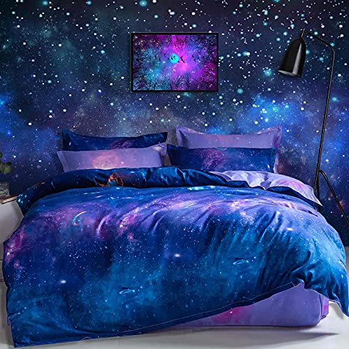 ETDIFFE Galaxy Duvet Cover Queen Size - 3 Piece Modern Universe Star Printed Reversible Microfiber Comforter Cover Set - Soft and Lightweight Quilt Cover, Navy Blue and Purple