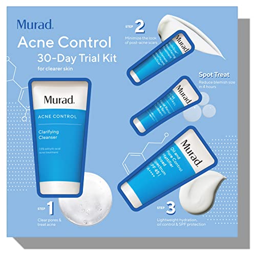 Murad Acne Control 30-Day Trial Kit - 4-Piece Trial-Size Kit $57 Value - Clarifying Cleanser, Oil & Pore Control Mattifier, Rapid Relief Acne Spot Treatment, & InvisiScar Treatment