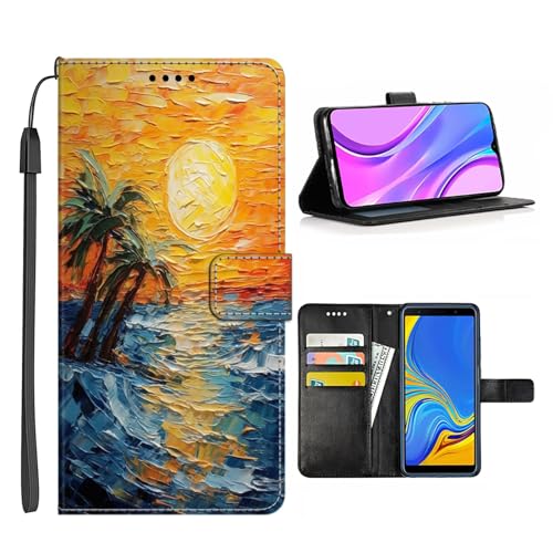 DAFEI Wallet Case for Samsung Galaxy A50s with Beach Sunset Palm-Art cc100 Pattern PU Leather Flip Folio ID&Credit Cards Pocket Lanyard