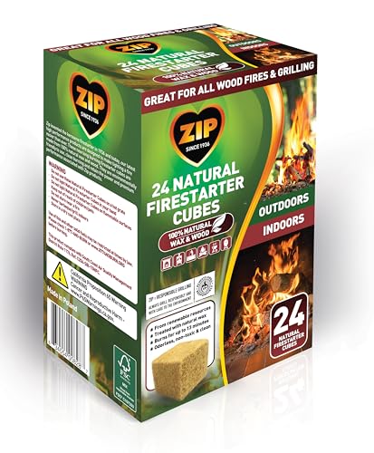 ZIP 100% Natural Cubes for Outdoor and Indoor Powerful Natural Wood and Waxes Odorless Fast Light Long Burn Fire Starter for BBQ, Grilling, Camping, Hunting, Fishing, Firepit, Fireplace, Stove 24pk