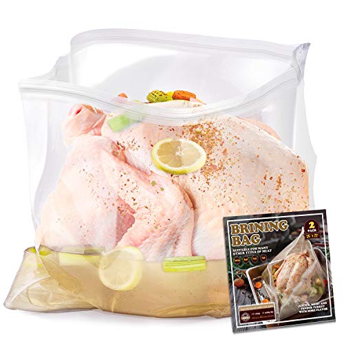 Turkey Brining Bag, 26'×22', 2 Pack, Extra Large Brine Bag with 2 Strings and 2 Larger Clips, Thickened Brining Bag Holds Up to 35 Pounds, Double Zippers Seal Brine Bags for Turkey, Chicken, Beef,Pork