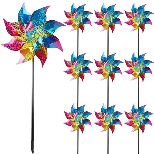 Hausse 10 Pack Reflective Pinwheels Wind Spinner, Extra Sparkly Rainbow Pinwheel with Stakes, Bird Repellent Blinder Devices Deterrent to Scare Birds Away from Yard Patio Farm Garden, Colorful