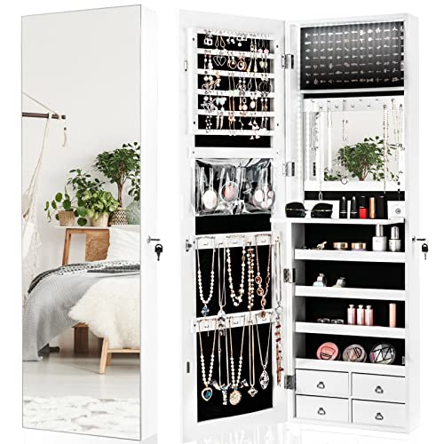CHARMAID LED Strip Jewelry Armoire with 47.2' H Full Length Mirror, Wall/Door Mounted Jewelry Organizer with Built-in Mirror, Flip-over Cosmetic Tray, 4 Drawers, Large Storage Jewelry Cabinet (White)