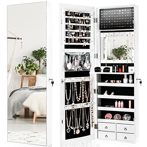 CHARMAID LED Strip Jewelry Armoire with 47.2' H Full Length Mirror, Wall/Door Mounted Jewelry Organizer with Built-in Mirror, Flip-over Cosmetic Tray, 4 Drawers, Large Storage Jewelry Cabinet (White)