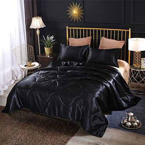 A Nice Night Satin Silky Soft Quilt Luxury Super Soft Microfiber Bedding Thin Comforter Set Full/Queen, Light Weighted (Black, Queen(88-by-88-inches))