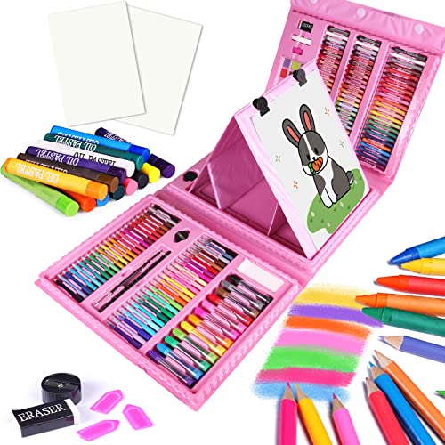Art Supplies 208 PCS with Sided Trifold Easel,Including Colour Cakes,Colored Pencils,Oil Pastels,Marker Pens and Crayons Art Kits for Beginners，Drawing Painting Gifts Kit for Kids 5-12… (Z-M208Pink)