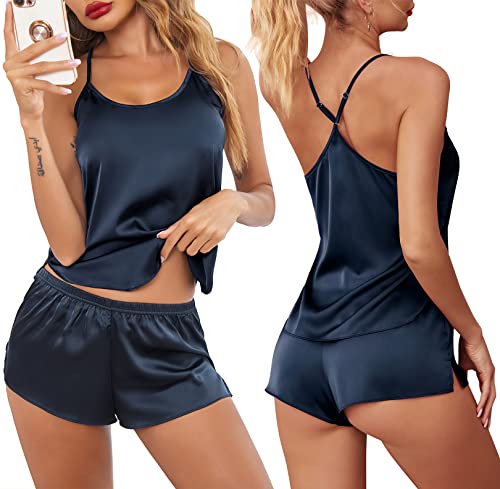 Ekouaer Sleepwear Womens Lingerie Satin Pajamas Cami Shorts Set Nightwear Gift Navy Blue