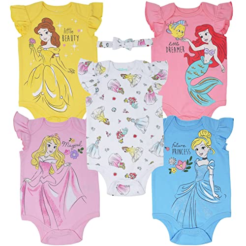 Disney Princess Cinderella Belle Ariel Sleeping Beauty Infant Baby Girls Bodysuits and Headband Disney Princess 3-6 Months