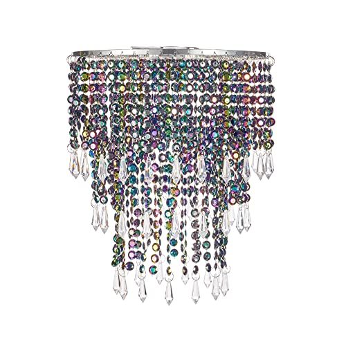 Waneway Acrylic Chandelier Shade, Ceiling Light Shade Beaded Pendant Lampshade with Crystal Beads and Chrome Frame for Bedroom, Wedding or Party Decoration, Diameter 8.7 inches, 3 Tiers, Multicolor