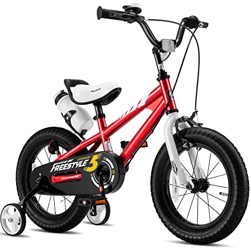 RoyalBaby Boys Girls Kids Bike 14 Inch BMX Freestyle 2 Hand Brakes Bicycles with Training Wheels Child Bicycle Red