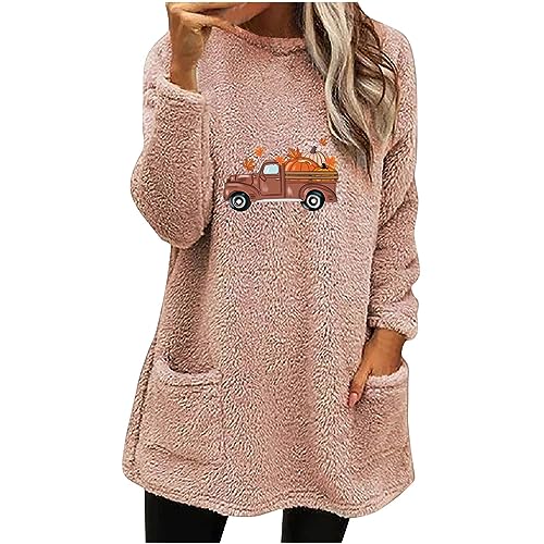 ZCVBOCZ Fuzzy Tops For Women Casual Pumpkin Print Round Neck Long Sleeve Blouses Thick Warm Soft Sweatshirt With Pockets