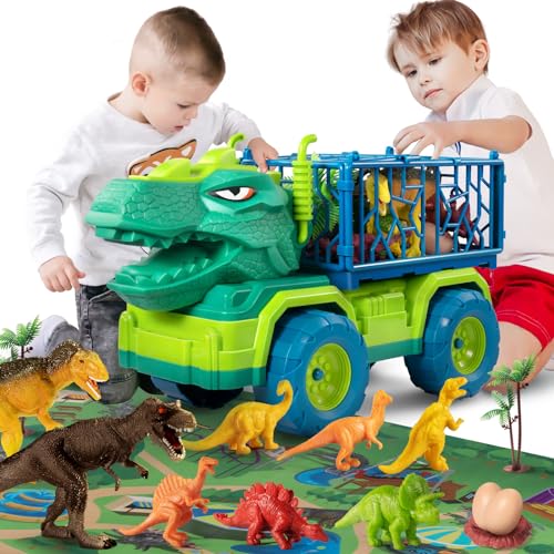 TEMI Dinosaur Truck Toys for Kids 3-5 Years, Tyrannosaurus Transport Car Carrier Truck with 8 Dino Figures, Activity Play Mat, Dinosaur Eggs, Trees, Capture Jurassic Play Set for Boys and Girls