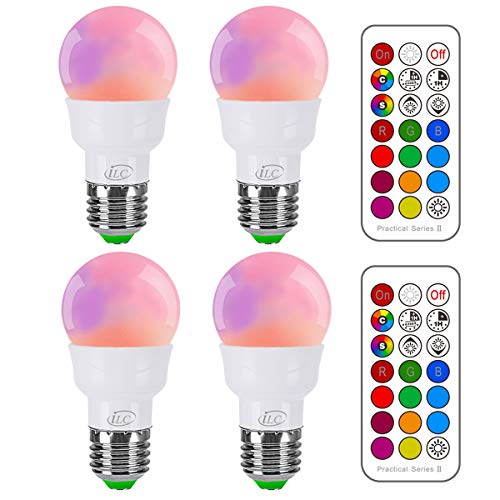 iLC RGB LED Light Bulb, Mood Color Changing 40W Equivalent,5700K Daylight White, 450LM Dimmable 5W E26 Screw Base RGBW - 12 Color Choices - Timing Infrared Remote Control Included (4 Pack)