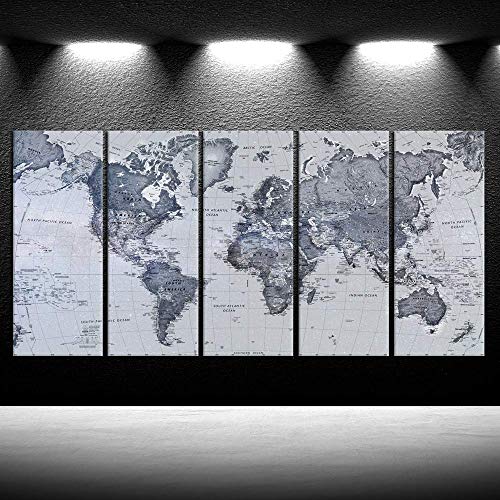 iKNOW FOTO 5 Pieces Vintage World Map Canvas Prints Push Pin Map Wall Art Decor Trace Travel Marks Map The Map of The World Antique Framed Picture for Living Room Office 16x40inx5
