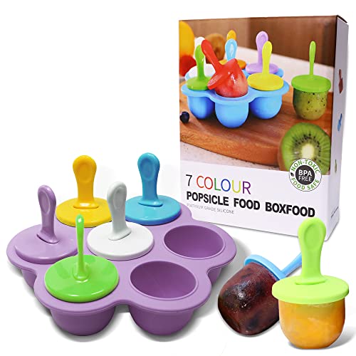 Silicone Popsicle Molds 7-cavity DIY Ice Pop Mold with Colorful Sticks For egg biting ice cream molds baby food storage containers non stick cake molds (Purple)