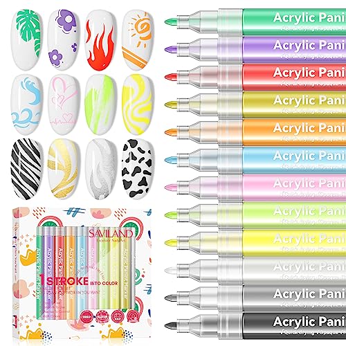 Saviland 12 Colors Nail Art Pens Set - 3D Nail Polish Pens Graffiti Nail Dotting Tools Acrylic Paint Pens Drawing Painting Point Liner Pen for Nails Art Design Manicure Nail Pens for Home & Salon DIY