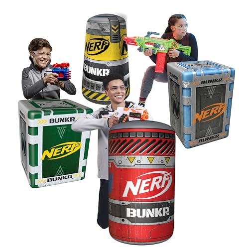 Nerf BUNKR BattleZones Competition Pack Inflatable Bunker Fort - 4 Piece Barricade Shield Set Crates and Barrels - Perfect for NERF Party