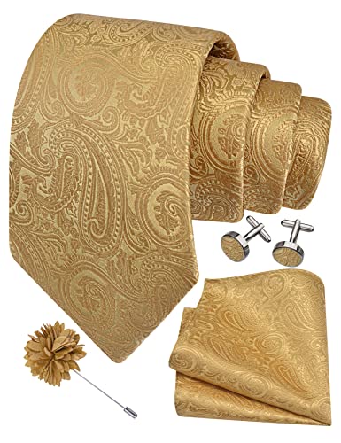 GUSLESON Mens Gold Tie for Wedding Solid Silk Paisley Yellow Necktie Pocket Square Cufflinks and Lapel Pin Brooch Set (6103-17)