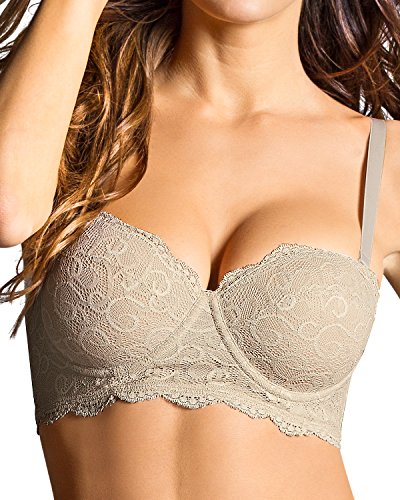 Leonisa Strapless Bras for Women - Full Coverage Push Up Bra with Lace and Pads Beige