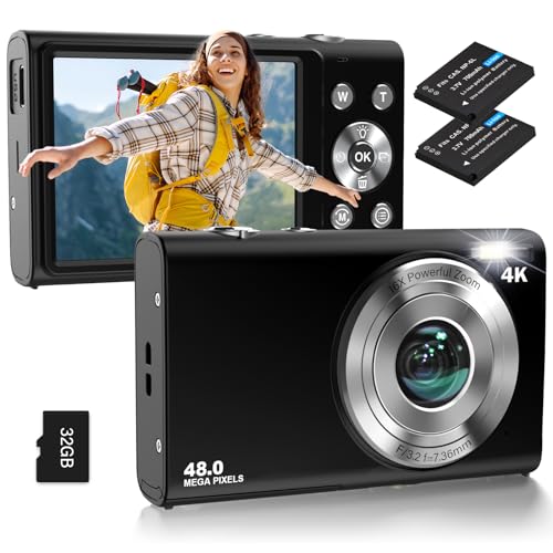 Digital Camera, Autofocus UHD 4K Vlogging Camera with 32GB Card, 48MP 16X Digital Zoom Digital Camera, Anti-Shake Portable YouTube Compact Point Shoot Camera for Teens Adult Beginner(Black)