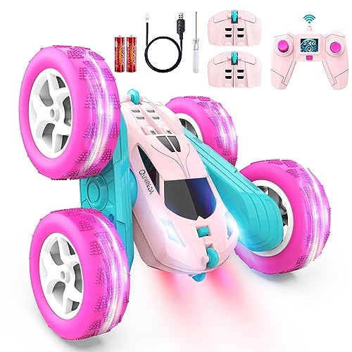 QUNREDA RC Cars, Pink Remote Control Car for Girls, 2.4 GHZ Double Sided RC Stunt Car 360° Rotating Remote Control Crawler with Headlights Car Toys for 6 7 8 9 10 11 12 Girls Birthday