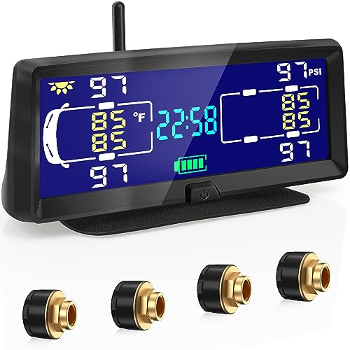Hieha Tire Pressure Monitoring System, 7.84” Wireless Solar Rv TPMS with 4 Sensors for Travel Trailer Truck Fifth Wheel Motorhome, Real-time Monitoring Pressure and Temperature(0~198 PSI)