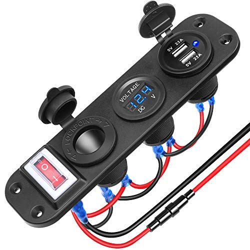 Electop 12V USB Outlet Socket Panel, Waterproof Cigarette Lighter Socket Dual USB Car Charger 2.1A & 2.1A with LED Voltmeter ON-Off Rocker Toggle Switch for Car Boat Marine Motorcycle RV DIY Kit