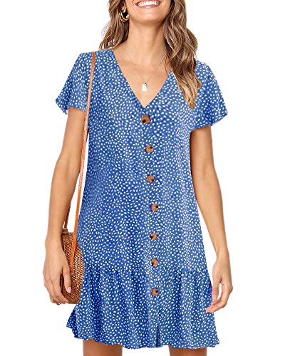 Imysty Womens Polka Dot V Neck Button Down Ruffles Loose Mini Short T-Shirt Dress