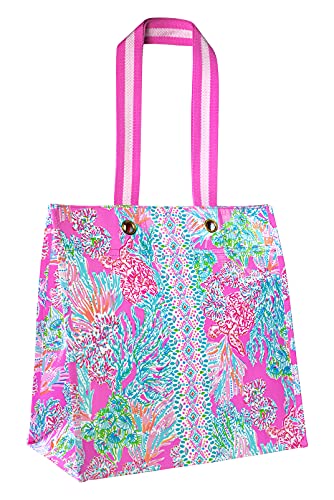 Lilly Pulitzer Pink Market Shopper Bag, Reusable Grocery Tote, Shoulder Bag for Produce or Travel, Seaing Things